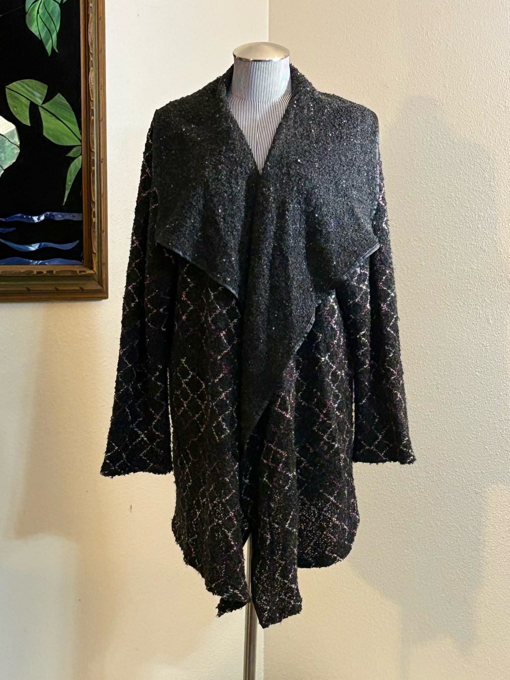 Roaman's Black Draped Open-Front Cardigan with Metallic Thread